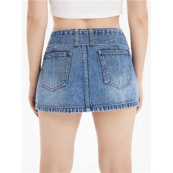 Y2K Belted Light‎ Wash Denim Mini Skirt Low Waist Extra Short Bodycon Skirt - Picture 5 of 6